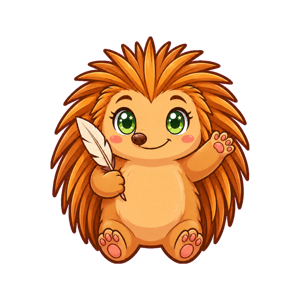 Mia, a ginger hedgehog holding a quill