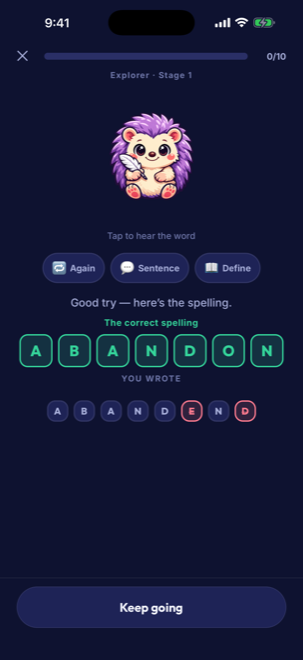 The wrong-answer reveal showing the correct spelling